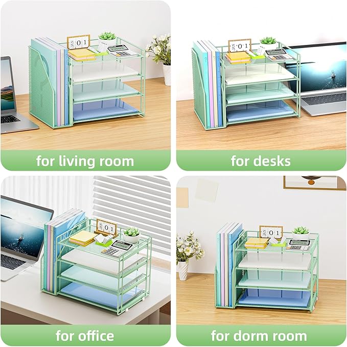 Marbrasse Desk Organizer and Accessories,4-Tier Paper Letter Tray Organizer with File Holder,Desk Accessories & Workspace Desktop Organizers for School Home Office Supplies (Green)-DeskLoop Office
