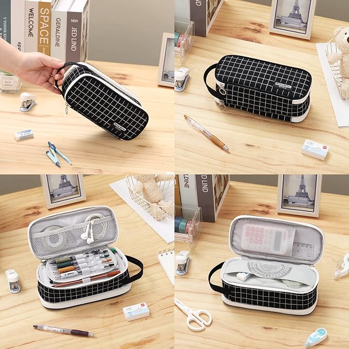Large Pencil Case Zipper Pencil Pouch for Girls Boys Adults Kids Aesthetic Pencil Bag Organizer Big Capacity Pens Bag with Handle Portable for School Office Black-plaid-DeskLoop Office