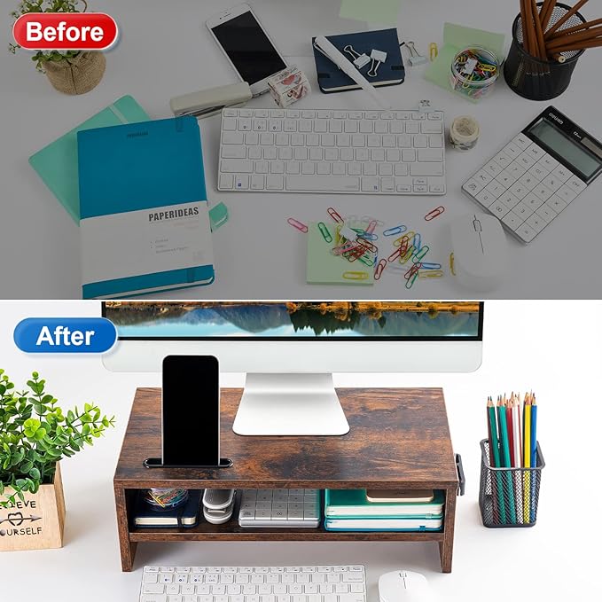 Marbrasse 16.5 Inch Monitor Stand, 2 Tier Computer Monitor Riser with Printer Shelf, Laptop Computer Screen Storage, Desktop Stand - Phone Holder & Cable Management (Vintage)-DeskLoop Office