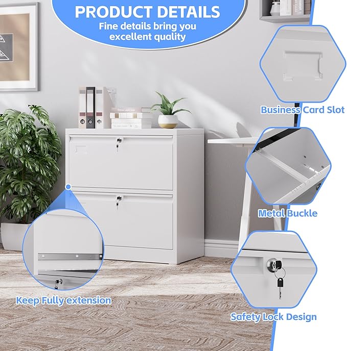 2 Drawer Lateral File Cabinet, Metal Wide Filing Cabinet with Independent Locks, Home Office Furniture for Hanging Files Letter/Legal/F4/A4 Size, Assembly Required, White-DeskLoop Office