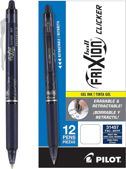 Pilot, FriXion Clicker Erasable Gel Pens, Fine Point 0.7 mm, Pack of 12, Navy Blue-DeskLoop Office