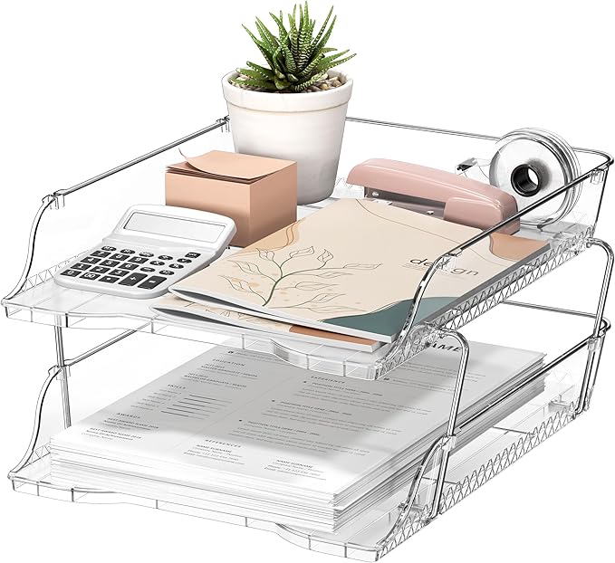 Simple Houseware 2-Tier Clear Stackable Letter Tray Organizer – Desktop File Holder for A4/Letter Size Paper, Document Sorter, Office Desk Paper Organizer, Transparent File Storage-DeskLoop Office