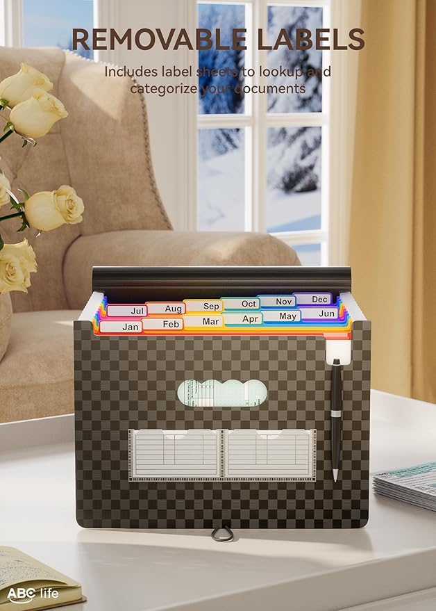 ABC life Accordian File Organizer 12 Pockets,Expanding File Folder/Portable A4 Letter Size Filling Box, Expandable Desktop Accordion Folder, Plastic Paper Document Coupon Organizer with Colored Labels-DeskLoop Office