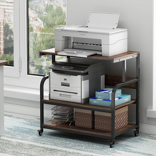 32.3" Wide Extra Large Printer Stand, 3 Tier Printer Table with Adjustable Storage Shelf, Rolling Printer Cart with Industrial Wheels for Home Office, Rustic Brown-DeskLoop Office