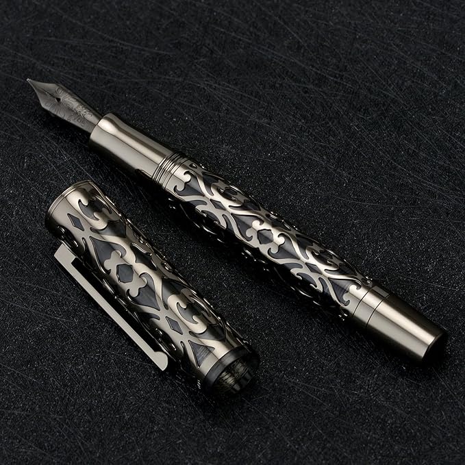 Hongdian D1 Piston Fountain Pen Fine Soft Nib, Jet Black Hollow Skeleton & Resin Pen with Metal Case Set-DeskLoop Office