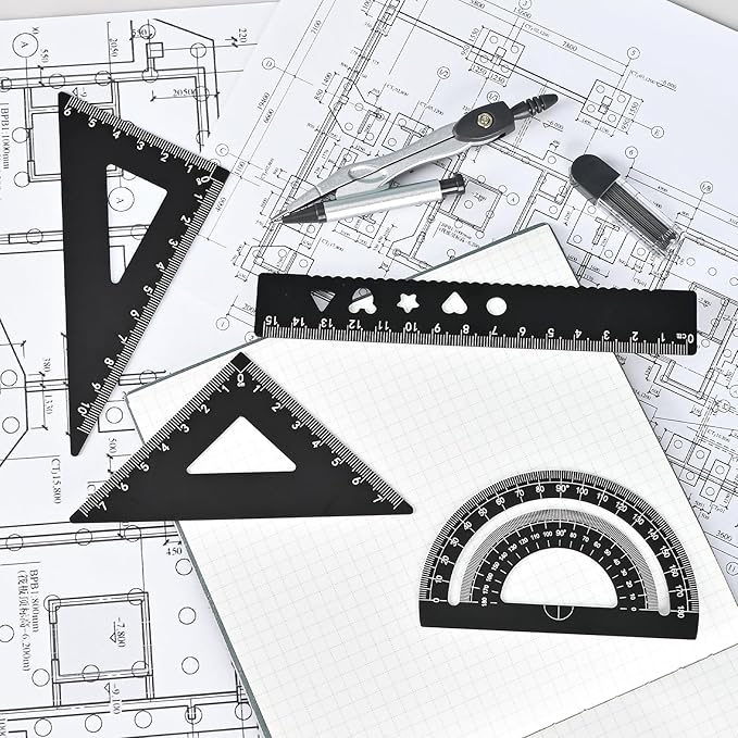 6 Pcs Metal Geometry Set, Math Geometry Kit, Metal Ruler Set and Compass Geometry Tool, Rulers Protractor and Compass Set for Student School and Drawings Supplies (Black)-DeskLoop Office