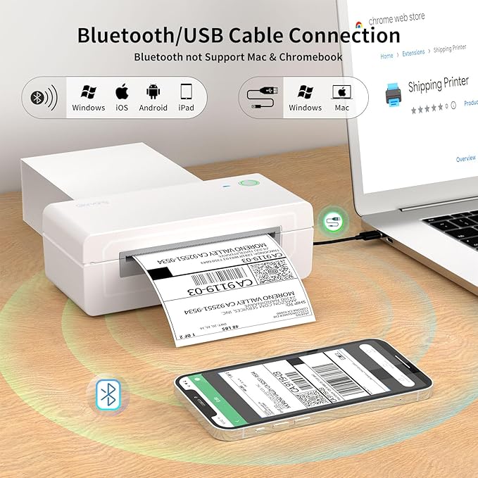 Bluetooth Thermal Shipping Label Printer, 4X6 Inkless Label Machine for iOS, Android, Laptop, Wireless Printer for Small Business, Compatible with Amazon, UPS, Shopify, White-DeskLoop Office