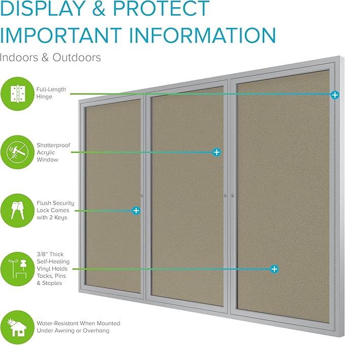 Ghent 48"x96" 3-Door Outdoor Enclosed Vinyl Bulletin Board, Shatter Resistant, with Lock, Satin Aluminum Frame - Caramel (PA34896VX-181), Made in the USA-DeskLoop Office