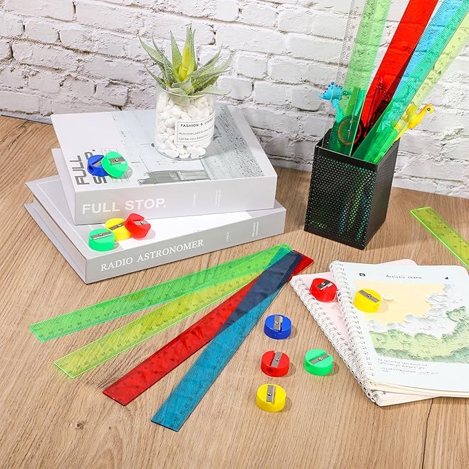 100 Pcs Plastic Rulers and 100 Pcs Mini Round Manual Pencil Sharpener Bulk, 4 Assorted Colors Pocket Sized Pencil Sharpeners Colorful Straight Ruler Back to School Supplies for Kids (Classic,12 Inch)-DeskLoop Office