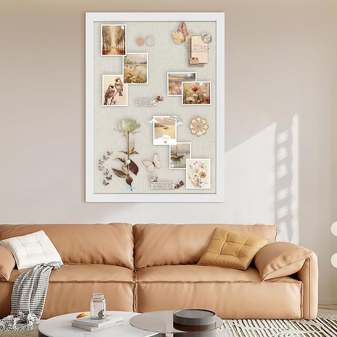 Cork Board Bulletin Board 18" x 24", Large Linen Corkboards with Frame for Walls, Cute Picture Display Pin Board Vision Board for Room School Office Bedroom 20 Pushpins Vintage White-DeskLoop Office