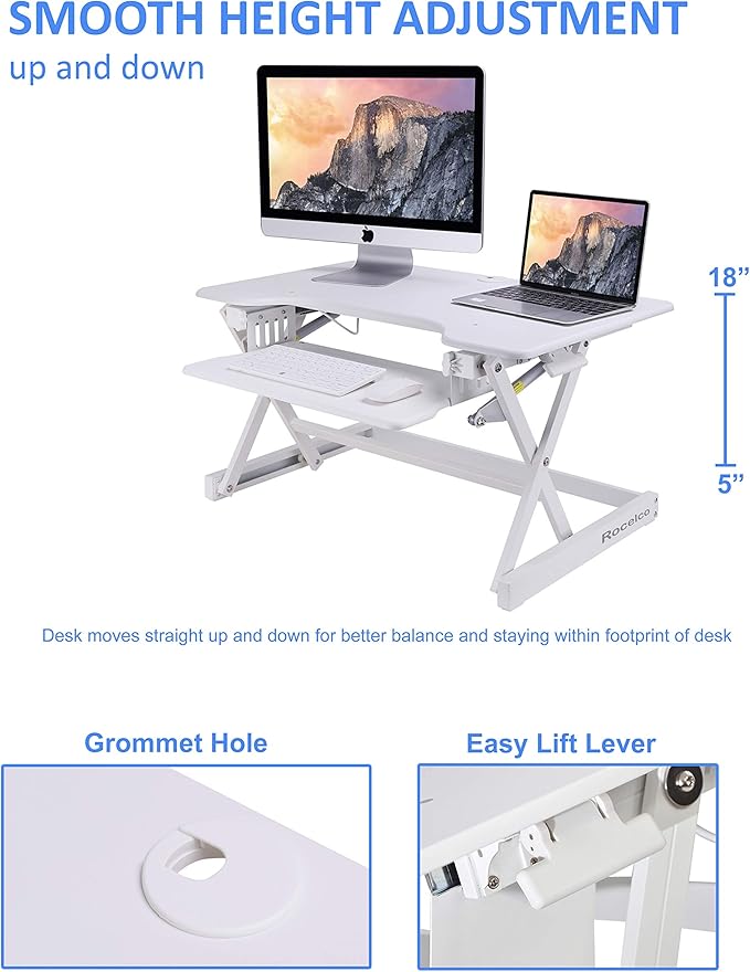 Rocelco 32" Height Adjustable Standing Desk Converter - Sit Stand Computer Workstation Riser - Dual Monitor Retractable Keyboard Tray Gas Spring Assist - Black (R EADRW)-DeskLoop Office