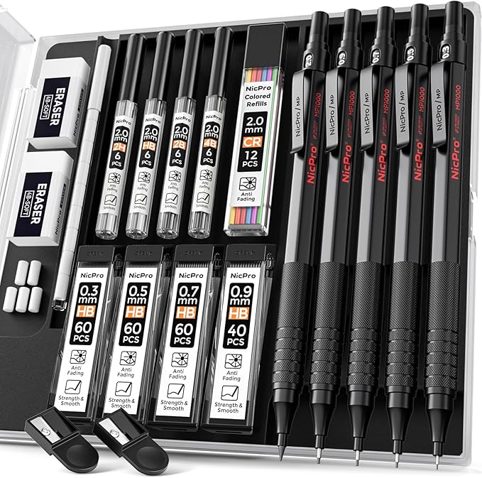 Nicpro Black Art Mechanical Pencil Set, 5PCS Metal Drafting Pencils 0.3, 0.5, 0.7, 0.9 mm & 2mm Graphite Lead Holder For Sketching Drawing With 9 Tubes (4B 2B HB 2H Colors) Lead Refills Erasers Case-DeskLoop Office