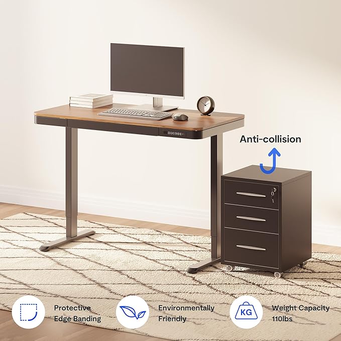 FLEXISPOT Comhar 48" Electric Standing Desk with Drawers, Quick Assembly Home Office Sit Stand Desk with Storage & USB Charging, Computer Workstation for Home Office (48" Wood, Dark Walnut/Black)-DeskLoop Office