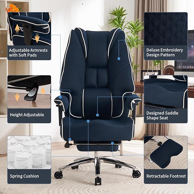 Big and Tall Office Chair 400lbs Wide Seat, Leather High Back Executive Office Chair with Foot Rest, Ergonomic Chairs Lumbar Support for Lower Back Pain Relief (Mesh Dark Blue)-DeskLoop Office