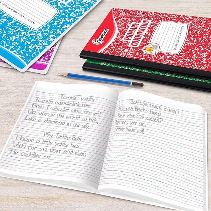 12 Pack Primary Composition Notebooks, 200 Pages (100 Sheets), Primary Ruled Composition Notebook for Kids, 9-3/4" x 7-1/2", Grades K-2 Writing Workbook, Writing Dotted Lined, Assorted Marble