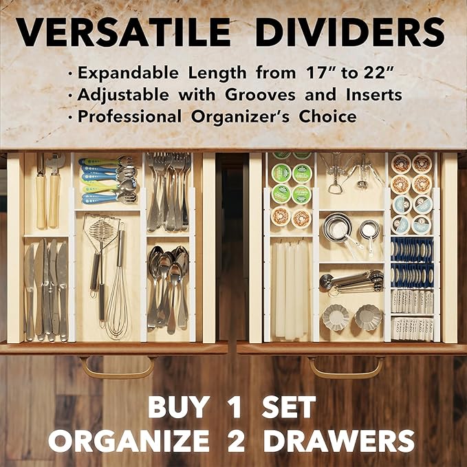 SpaceAid Bamboo Drawer Dividers with Inserts and Labels, Kitchen Adjustable Drawer Organizers, Expandable Organization for Home, Office, Dressers, 7 Dividers with 15 Inserts (17"-22" White)-DeskLoop Office