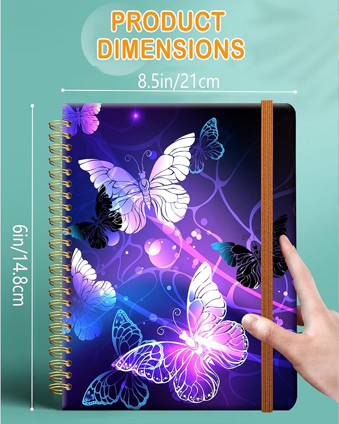 Ruled Spiral Writing Notebook,A5 Hardcover Lined College Journal for Women Lady,Fashion Puppy Watercolor Strong Twin-Wire Binding with Premium Paper,8.4" X 6",Perfect for School,Office,Home Gifts(Night Glowing Butterfly)-DeskLoop Office