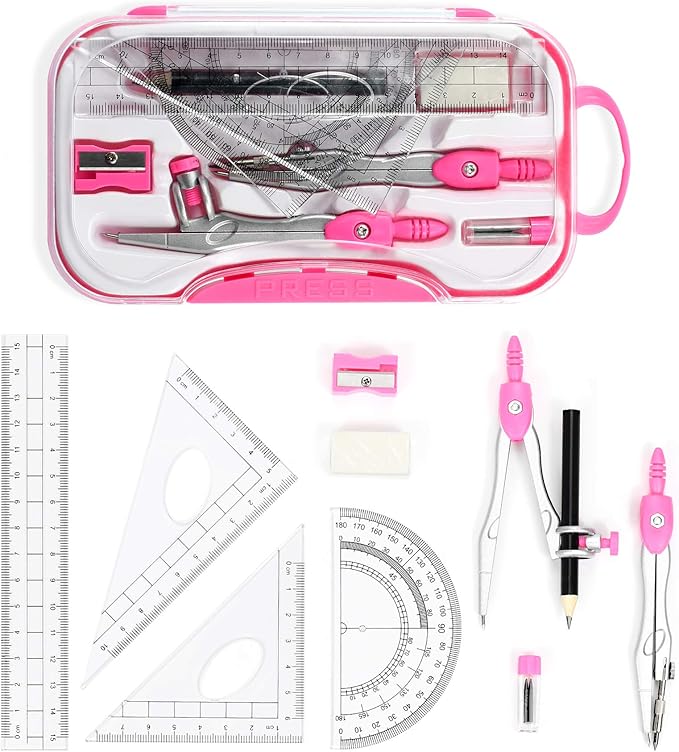 Math Geometry Kit Sets 10 Piece Student Supplies with Shatterproof Storage Box,Includes Rulers,Protractor,Compass,Eraser,Pencil Sharpener,Lead Refills,Pencil,for Drafting and Drawings(Pink)