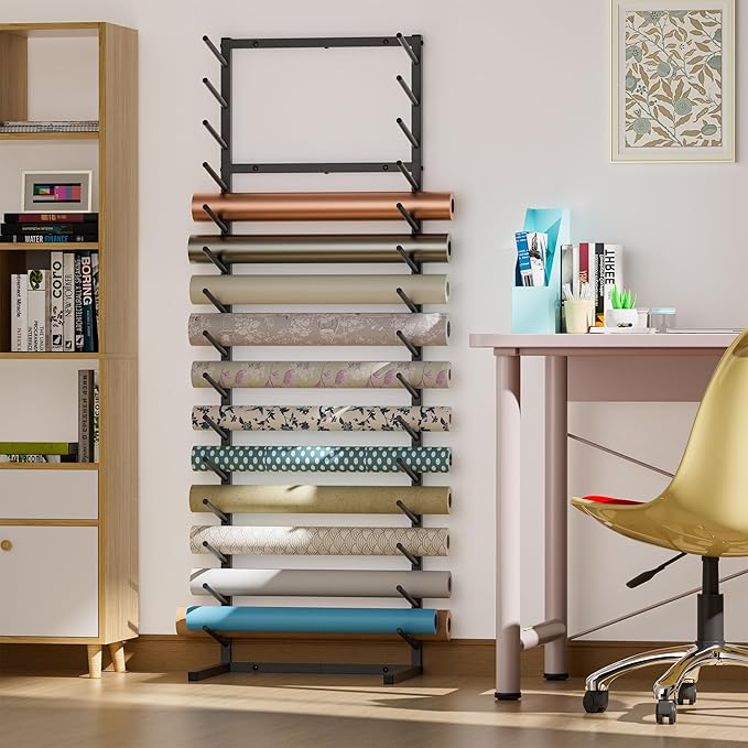 GIOTORENT Wall Mount Blueprint Storage Rack,15-Tier Heavy Duty Blueprint Holder for Construction Plan, Posters,Vinyl Rolls, Art Prints, Max 30lb/Arm, Easy Mount for Home, Office(Matte Black)-DeskLoop Office