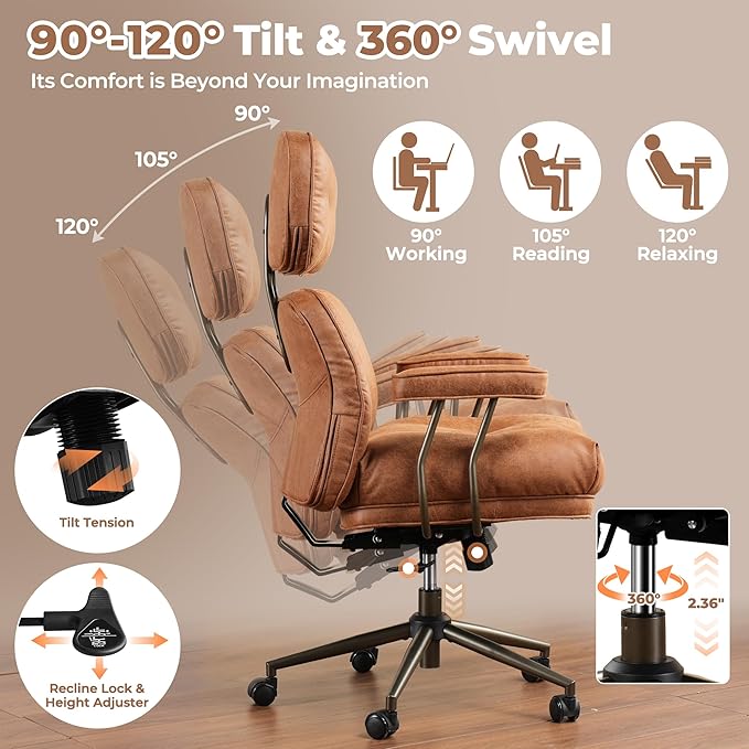 ovios Home Office Chair, Mid-Century Modern Faux PU Leather Chairs with Lumbar Support Comfy Thick Cushion, High Back Ergonomic Swivel Rolling Executive Armchair (Brown, Suede Leather)-DeskLoop Office