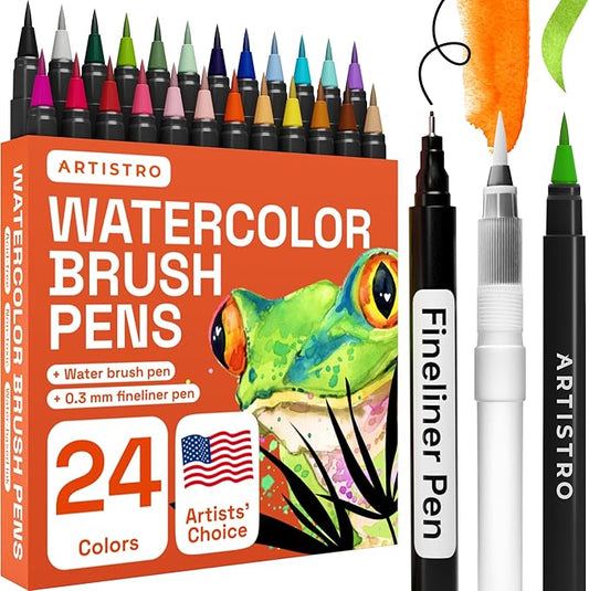 ARTISTRO 24 Watercolor Markers with Flexible Paint Brush Pens for Pros & Beginners - Consistent, Smooth, Bright, Washable, Non-Toxic, Ideal for Coloring, Calligraphy, & Manga-DeskLoop Office