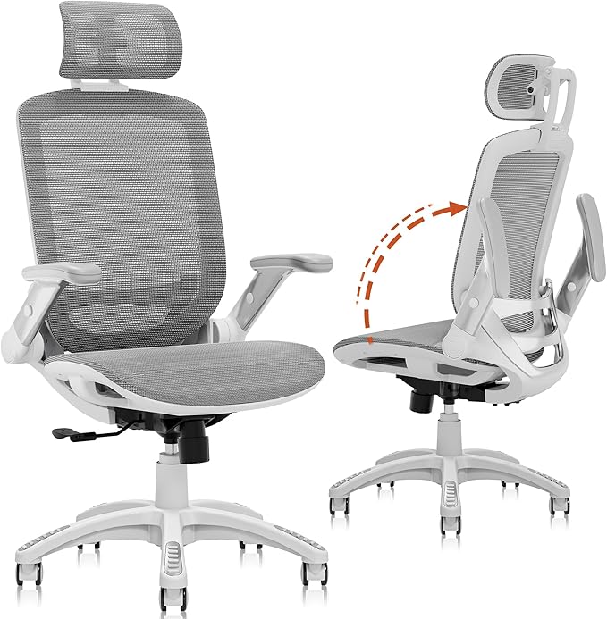 GABRYLLY Ergonomic Office Chair, High Back Home Desk Chair with Headrest, Flip-Up Arms, 90-120° Tilt Lock and Wide Cushion, 400LBS Mesh Chairs for Man Woman, White Task Chair(Dark Grey,GY01WDG)-DeskLoop Office