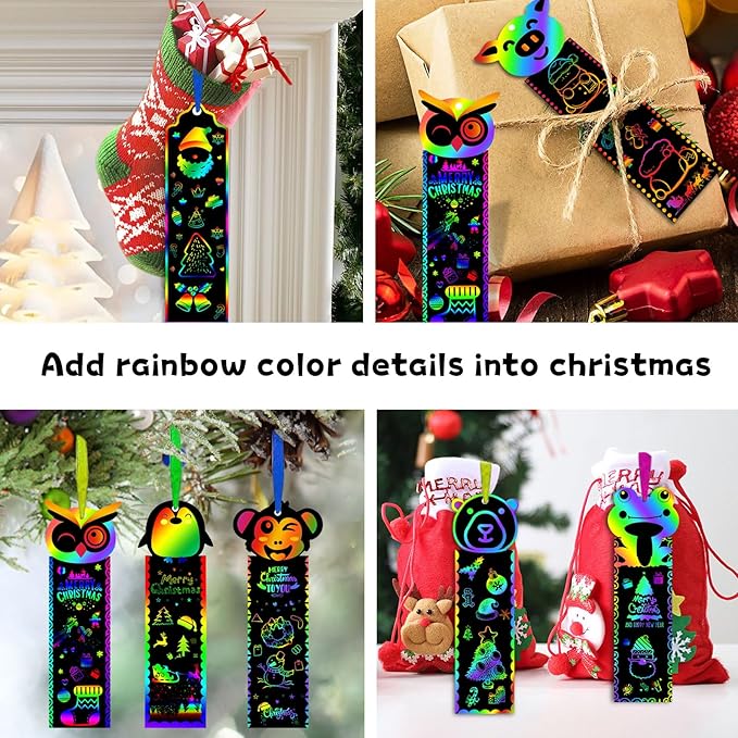 100 Sets Scratch Art Bookmarks Making Kit for Kids, Scratch Paper DIY Animal Bookmarks Bulk with 100 Pcs Ribbons and 100 Pcs Wood Stylus for Classroom Activities Party Favors, 13 Styles(B)