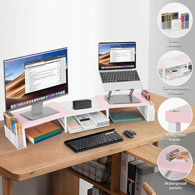 Desk Dual Monitor Stand Riser - Desk Organizer with Drawer and Pen Holders, Office Desk Accessories & Workspace Organization, Computer Monitor Stand for Laptop, Printer(Pink& White)-DeskLoop Office