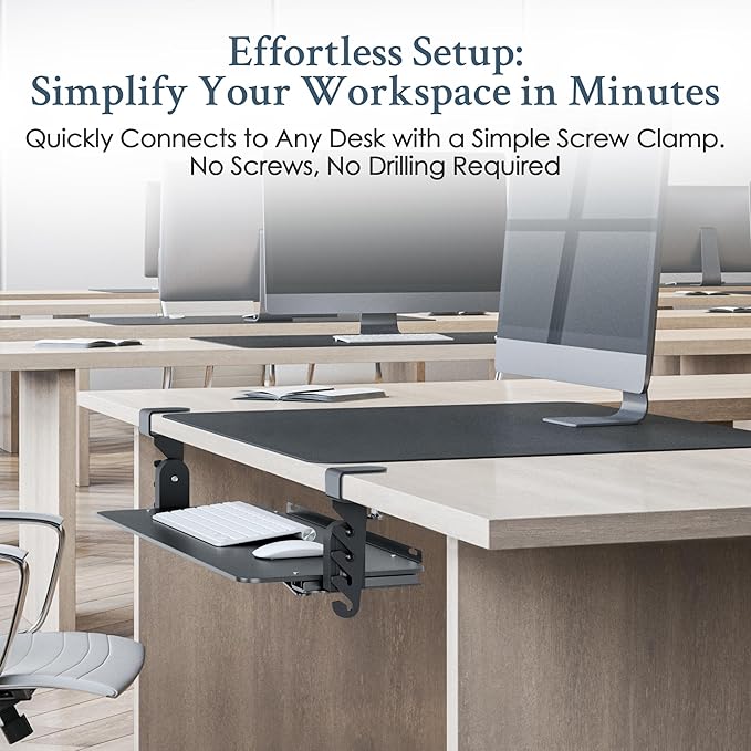 Kt4 Clamp on Keyboard Tray, Adjustable Slide Out Drawer for Desk, Height Tilt Adjustable Keyboard Holder, Under Desk Pull Out Tray (Black)-DeskLoop Office