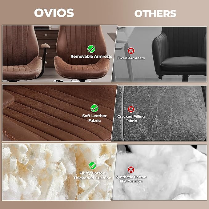 ovios Ergonomic Home Office Chair, Mid-Century Modern Faux Leather Chairs with Padded Armrests, Comfy High Back Swivel Rolling Executive Computer Armchair (Dark Brown, Suede Leather)-DeskLoop Office