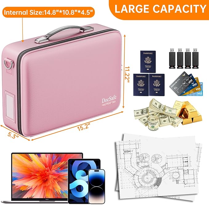 DocSafe Fireproof Document Box with Lock&Shoulder Strap,Hard Case File Organizer with Accordion File Folder,Multi-Layer Portable Home Office Travel Safe Storage for Important Documents Laptop Pink-DeskLoop Office