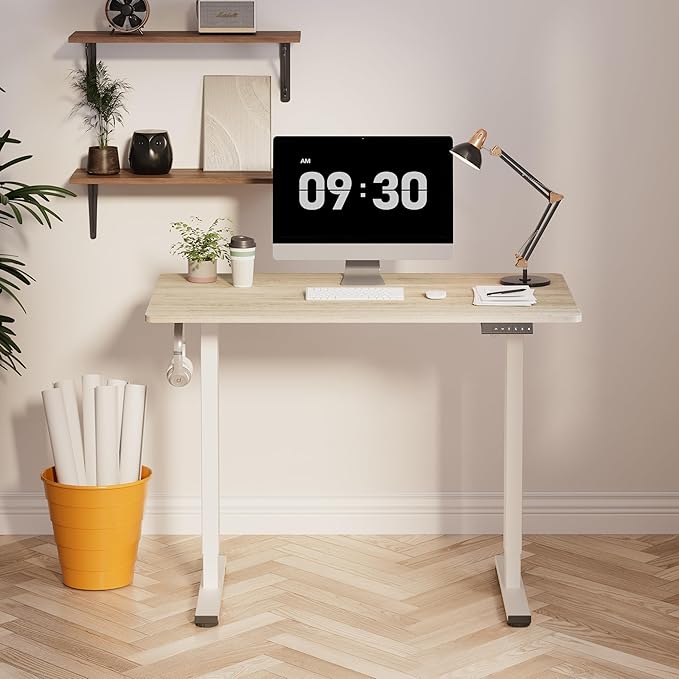 FLEXISPOT EN1 One-Piece Standing Desk, 40 x 24 Inches Electric Height Adjustable Desk for Home Office (White Frame + White Wood Grain Desktop)-DeskLoop Office