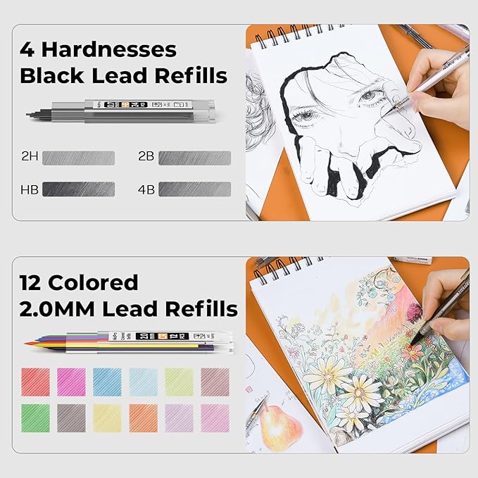 Nicpro 26PCS Art Drawing Supplies Kit, Mechanical Pencils Set 0.5, 0.7, 0.9 & 2mm, 100 Sheets Sketch book, 172PCS Lead Refills, School Supplies Gifts for Artist Adults Teens Girls Boys Kids Sketching-DeskLoop Office
