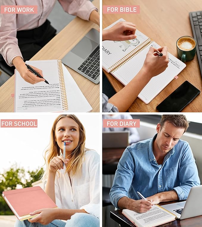 B5 Spiral Notebook Journal 7.6” x 10”, 300 Numbered Pages Hardcover Leather Journals for Women Men, Large Lined College Ruled Notebooks, 100GSM Thick Paper, Spiral Bound Journal for Work School, Pink-DeskLoop Office