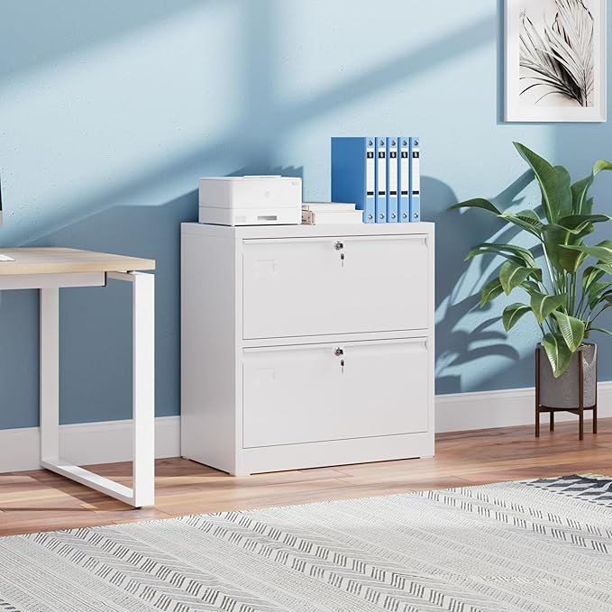 2 Drawer Lateral File Cabinet, Metal Wide Filing Cabinet with Independent Locks, Home Office Furniture for Hanging Files Letter/Legal/F4/A4 Size, Assembly Required, White-DeskLoop Office