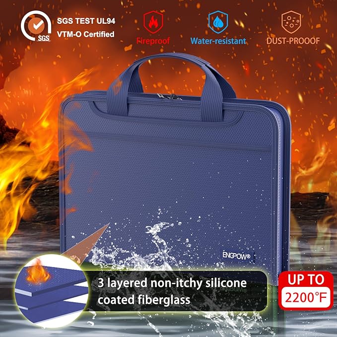 ENGPOW Accordion File Organizer,Fireproof Expanding File Folder with Multi Pockets,13 Pockets Document Organizer with Handle & Labels,Portable Home Travel Safe Storage Folder for Letter A4 Files,Blue-DeskLoop Office