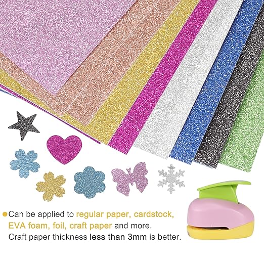 6 Pcs Colorful Craft Hole Punch with 10 Glitter Cardstock Papers, Decorative Scrapbook Paper Puncher Set, Different Shape Paper Hole Puncher Set for Office Supplies (6 Pcs- Different Shapes)-DeskLoop Office