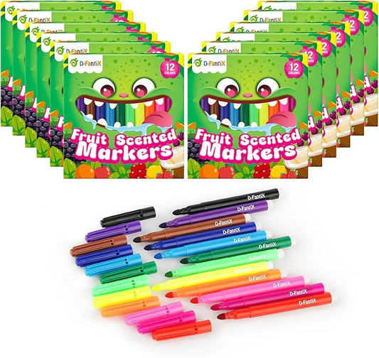 D-FantiX 12 Packs Fruit Scented Washable Markers for Kids Toddlers, 144 Count Coloring Markers Set, Bulk Art Supplies, Back to School Supplies, Gifts for Party Favors, Classroom Prizes, Donations-DeskLoop Office