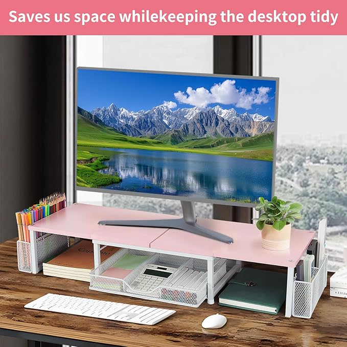 Desk Dual Monitor Stand Riser - Desk Organizer with Drawer and Pen Holders, Office Desk Accessories & Workspace Organization, Computer Monitor Stand for Laptop, Printer(Pink& White)-DeskLoop Office