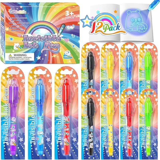 GIFTINBOX Invisible Ink Pen with UV Light for Kids, 12PCS Spy Pen Party Favors for Kids 8-12, Magic Marker for Secret Message, School Supplies Birthday Goody Bag Stuffers for Boys Girls-DeskLoop Office
