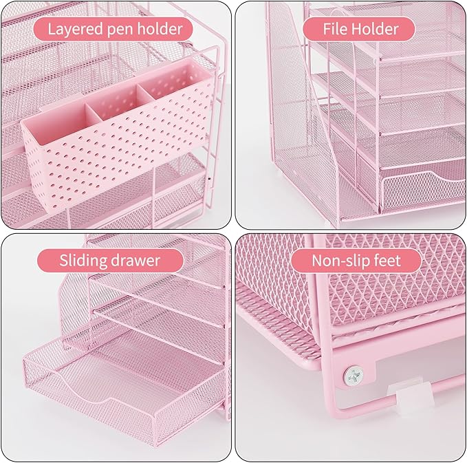 Desk Organizer with Drawer and Pen Holder, 5-Tier Paper Letter Tray Organizer with File Holder, Suitable for Workspace Organizer Office Supplies Storage (Pink)-DeskLoop Office