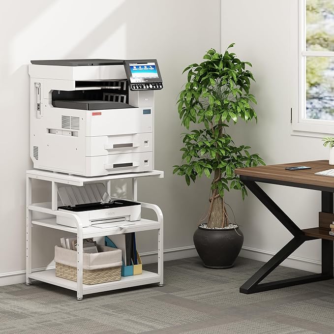 Printer Stand, 25.6" x 23.6" x 30.9" Extra Large Printer Table with Adjustable Storage Shelf, 3 Tier Rolling Printer Cart with Industrial Wheels for Home Office, White-DeskLoop Office