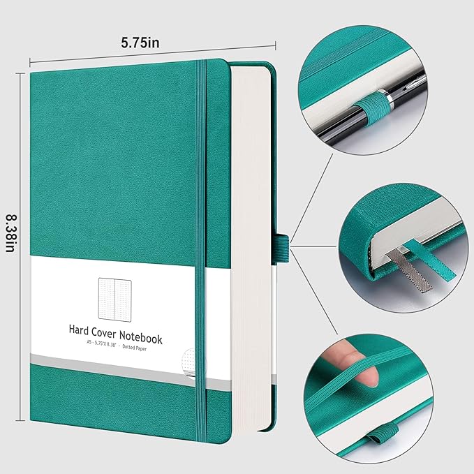 AHGXG Bullet Dotted Journal - 320 Numbered Pages Dot Grid Notebook A5 Thick Journal, 100gsm Thick Dotted Paper, Leather Hardcover,Inner Pocket, 5.75'' × 8.38'' - Cyan-DeskLoop Office