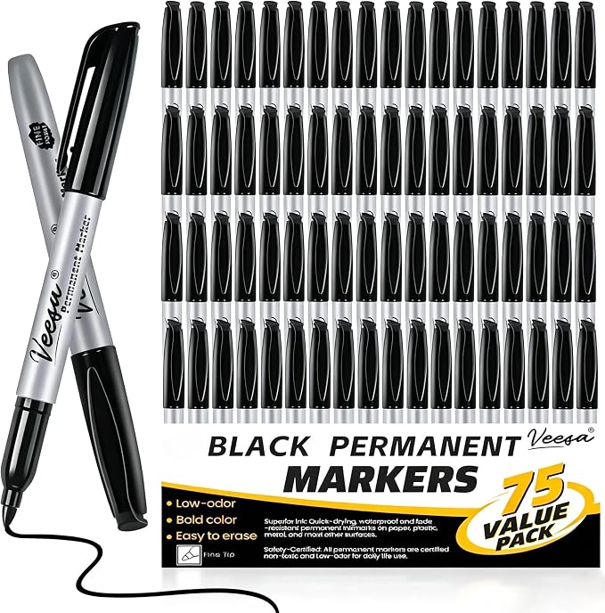 VEESA Black Permanent Markers, 75 Pack, Fine Tip | Waterproof, Quick Drying - Image 8