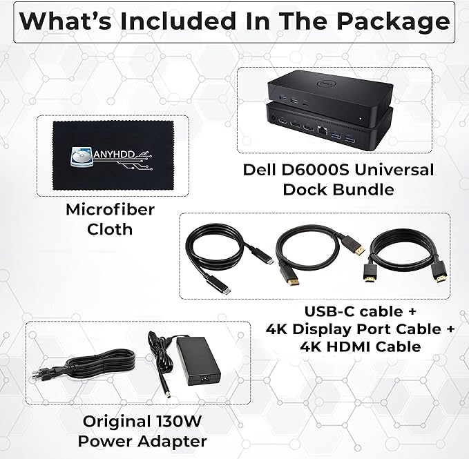 Dell D6000S Universal Dock Bundle with 130W Power Adapter – USB-C, Dual DisplayPort with 4K HDMI Cable + 4K DisplayPort Cable + USB-C Cable + Microfiber Cloth - Supports 4K Display (Renewed)-DeskLoop Office
