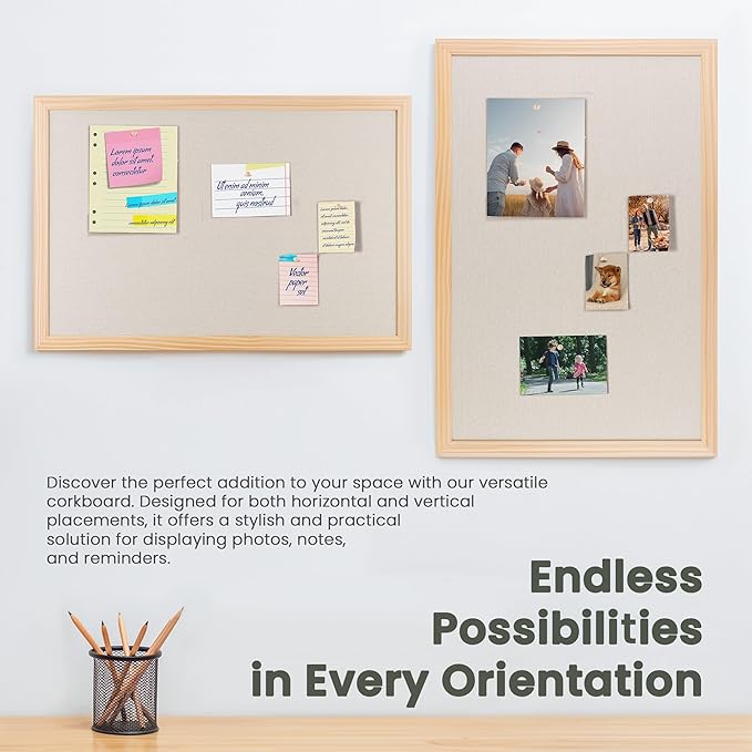 Bulletin Board Cork Board with Linen, 100% Wood Framed 24" x 36" Bulletin Board Decorations, Pin Boards for Walls, Wall Mounted Fabric Picture Board with 10 Pushpins for School, Home & Office, Natural-DeskLoop Office