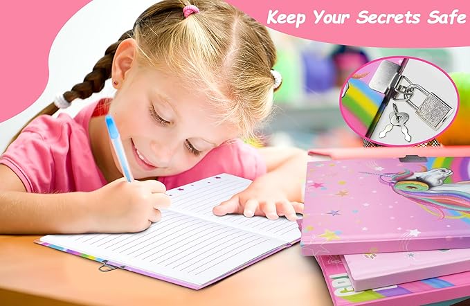 GINMLYDA Girls Diary with Lock for Kids, 7x5.25 Inches 160 Lined Pages Secret Unicorn Notebook for Girls Journal with Lock for Kids Pre School Writing Drawing Cute Girls Gifts for Birthday-DeskLoop Office