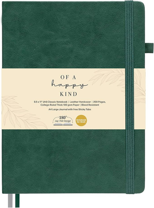 Classic Lined Journal Notebook 8.5x11" A4 Hardcover Leather - Green - 200 Pages College Ruled Large with Sticky Tabs, Pockets, and Pen Loop for Writing and Journaling - Big Hardback Men and Women-DeskLoop Office