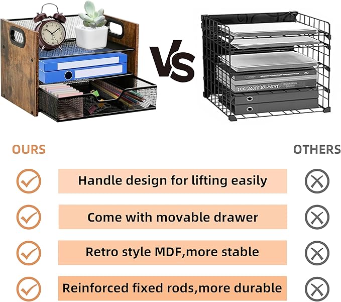 Wood Desk Organizer - 3-Tier Desktop File Organizer with Drawer, Wooden Paper Tray, Office Desk Organzier and Accessories for Papers, Mail, Notebooks, Stationery-DeskLoop Office