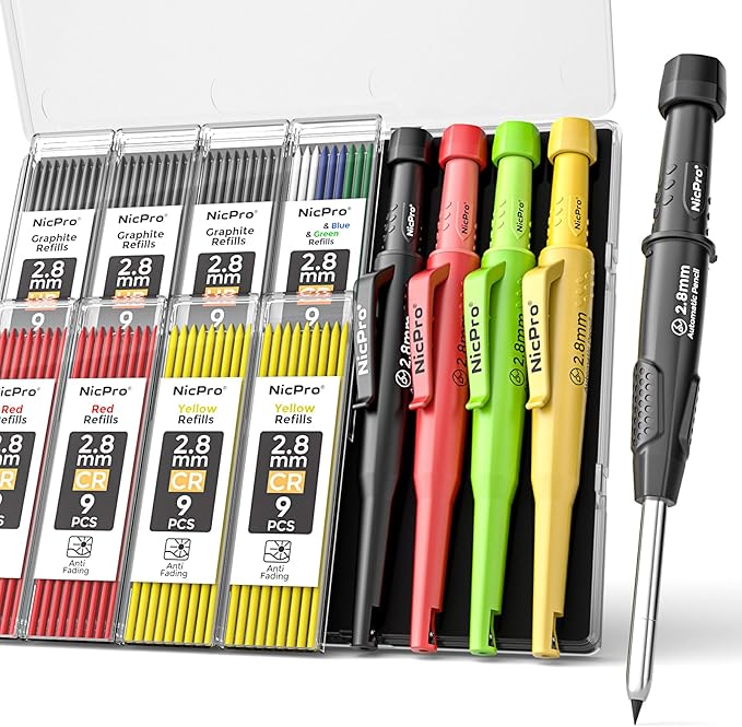 Nicpro 4 Pack CP3000 Carpenter Pencil with Sharpener, Mechanical Pencils Set with 76 Refills, Heavy Duty Construction Pencil, Carpenter Tools for Architect Marking (Red, Black, Yellow, Green)-DeskLoop Office